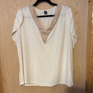 SHEIN Cream and Tan V-Neck Blouse